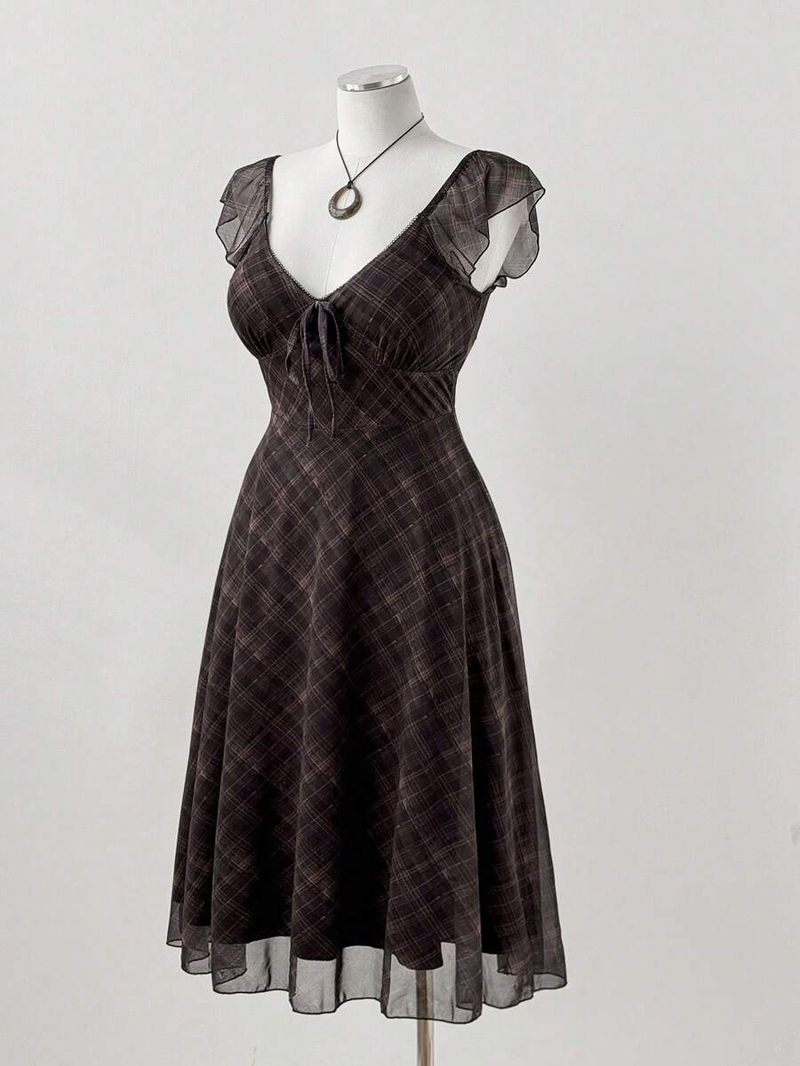 Sunspun Plaid Print Cap Sleeve Square Neck Midi Dress, Summer - Multicolor - View 1