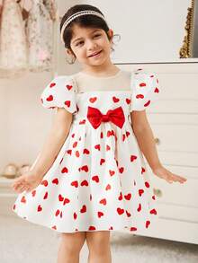SHEIN Glamorique Kids 女婴情人节红色爱心印花连衣裙，生日派对舞会礼服，后背蝴蝶结设计，适合日常穿着 - 白色 - 查看 2