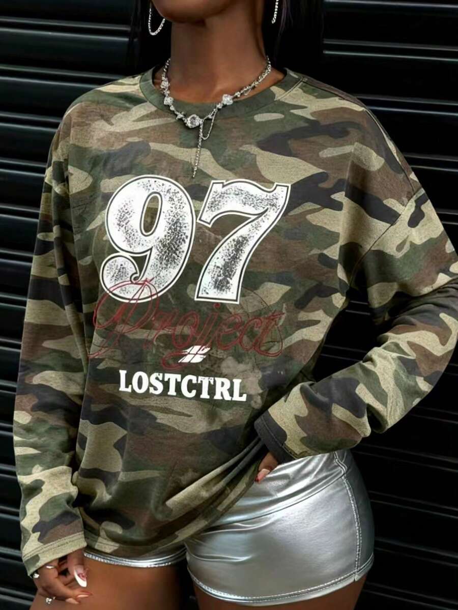 Rovax 迷彩街头休闲宽松圆领长袖T恤 - 彩色 - 查看 1