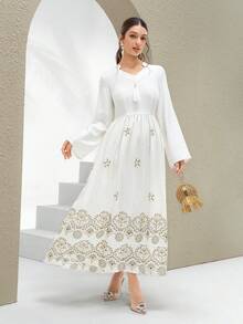 Al Najma New Elegant Embroidered Lantern Sleeve Dress, Suitable For Vacation, Daily Wear, And Gatherings - Apricot - View 3