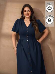 Chikora Đầm công sở thường ngày bằng vải lanh cotton thanh lịch cỡ lớn dành cho nữ - Màu xanh hải quân - Xem 7