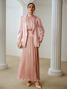 ZEYLAH Satin Ribbon Collar Long Sleeve Dress, Romantic For Valentine's Day, Spring/Summer - Pink - View 6