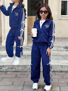 SHEIN 两件套少女休闲百搭条纹长袖外套和条纹领结口袋休闲裤套装 - 藏蓝色 - 查看 2