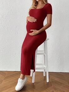 SHEIN Maternity Solid Color Square Neck Short Sleeve Ribbed Side Slit Hem Fitted Casual Dress - Red - View 4