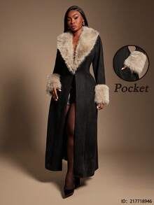 SHEIN SXY 大码女式复古性感优雅百搭哑光绒面羊毛长款夹克，带人造毛皮毛茸茸领子 - 黑色 - 查看 8