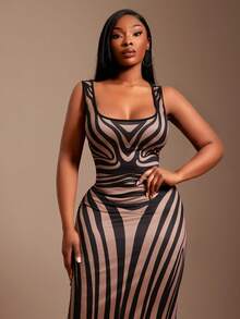 SHEIN SXY Abito elegante e sexy aderente da donna taglie forti, con motivo a stampa zebrato che valorizza le curve, abito senza schiena, adatto per uscite quotidiane, appuntamenti, feste, compleanni - Albicocca - Visualizzare 3