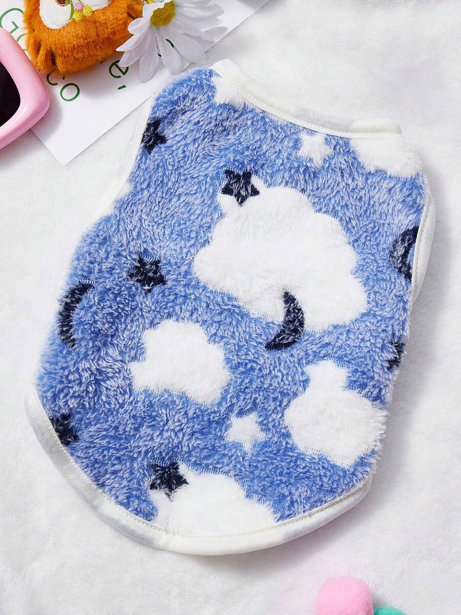 PETSIN 1件云朵星星卡通可爱图案印花宠物背心蓝白秋冬加厚法兰绒保暖宠物服装 - 彩色 - 查看 1