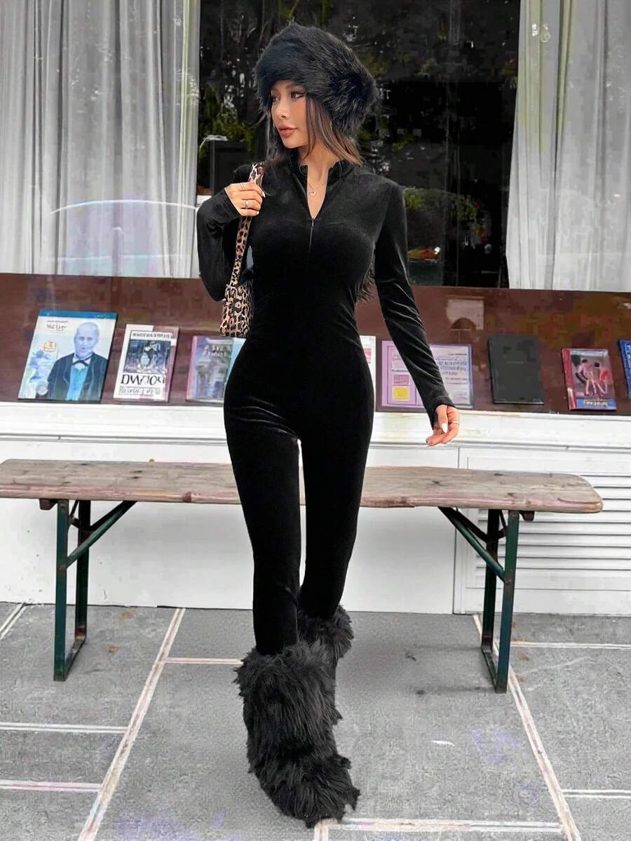 SHEIN EZwear 女士天鹅绒前拉链紧身连身裤 - 黑色 - 查看 1