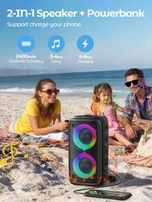 Teckwe Wireless Speakers Boombox With Deep Bass, Portable Loud Stereo Sound Subwoofer With LED Light Show For Party, Outdoor,Camping Party Disco Light - Black - View 2