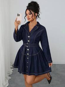 Elenzga Váy denim không co giãn màu xanh navy ôm sát thanh lịch cỡ lớn dành cho nữ, mùa thu/đông - Rửa tối - Xem 4