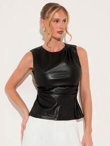 COSMINA Blusa de cuello redondo sin mangas con pliegues para mujer, versátil para ir al trabajo y la oficina, para todas las estaciones - Negro - Ver 5