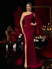 Glamrae Elegant, Romantic, Fashionable, Dignified, Burgundy, Stretchy Fabric, Pleated Decor, Beaded, Fishtail Hem, Trailing, Stylish, Festival, Holiday, Birthday Party, Wedding Event, Formal Dinner Dress Gown - Burgundy - View 7