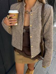 DAZY Women's Elegant Stand Collar Jacket, Autumn/Winter - Khaki - View 4