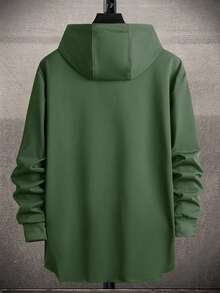 Manfinity Homme Men's Slogan Print Long Sleeve Drawstring Asymmetrical Hem Hoodie Sweatshirt - Army Green - View 2