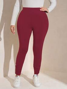 SHEIN LUNE 大码休闲纯色高腰打底裤 - 酒紅色 - 查看 6