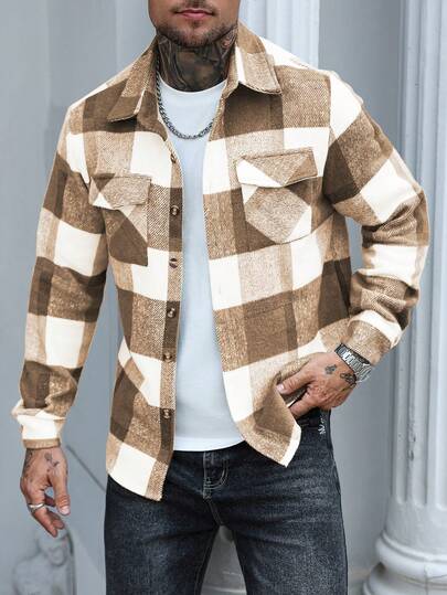 Manfinity Homme Abrigo casual de bolsillo de una hilera de manga larga a cuadros para hombre, otoño/invierno