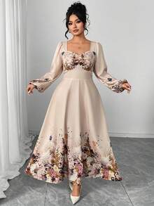 Modelyn Plus Size Elegant Floral Print Dress - Apricot - View 1