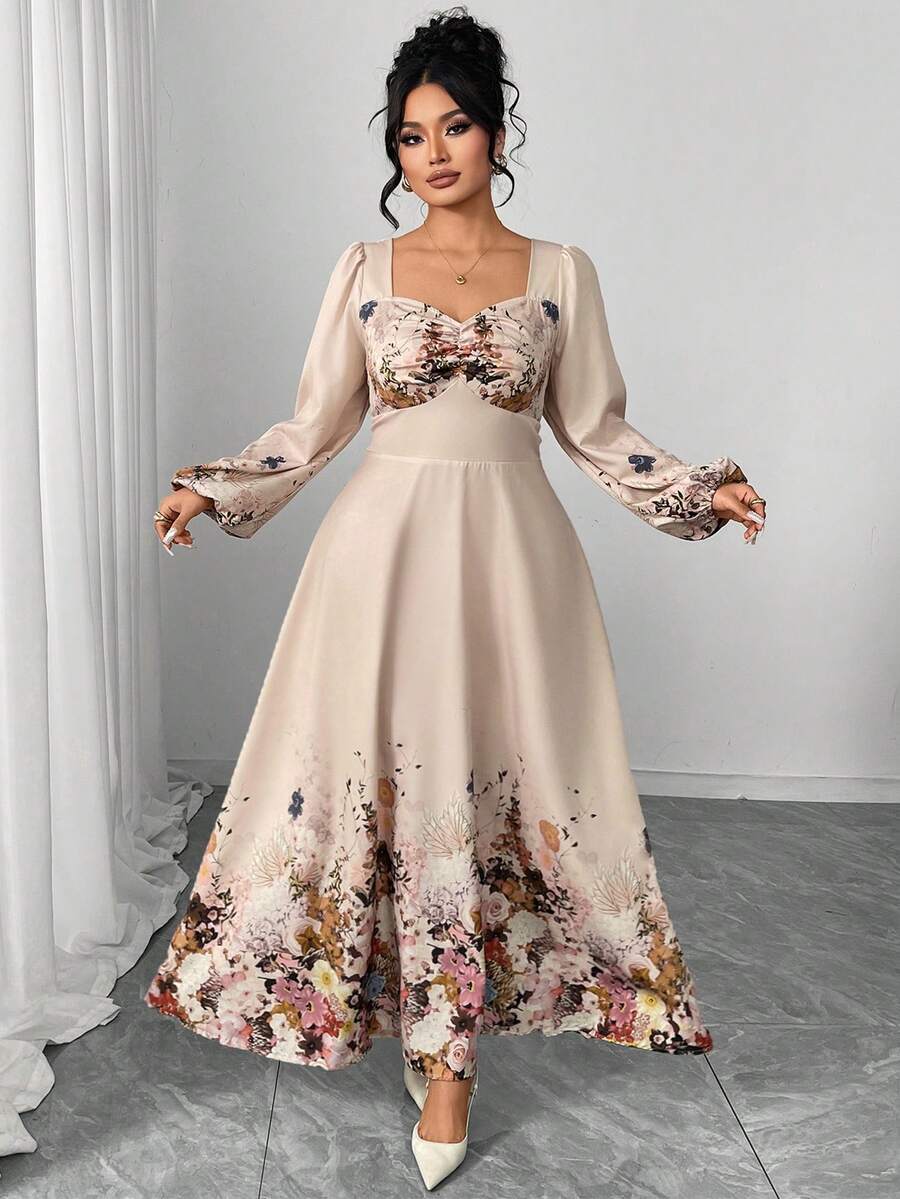 Modelyn Plus Size Elegant Floral Print Dress - Apricot - View 1