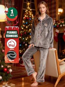 Conjunto de Pijama Navideño para Mujer, Tela de Pelo Suave y Cálida, Diseño de Cardigan con Cuello de Solapa y Botones, Estilo Adorable, para Uso Hogareño y Casual, Pijamas Mujeres, Pijamas Navideñas, Pijama Navideña Mujer, Regalos de Navidad - Gris (letra) - Ver 1