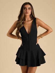 SHEIN BAE Women's Elegant Commuter Solid Color Ruffle Hem Mini Dress - Black - View 4