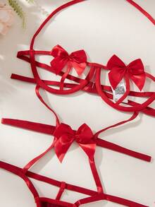 SHEIN 三件套蝴蝶結性感內衣套裝 - 紅色 - 查看 7