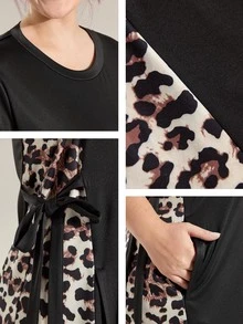 Momelise Robe ample en tricot léopard avec patchwork, col rond, grande taille - Multicolore - Voir 8