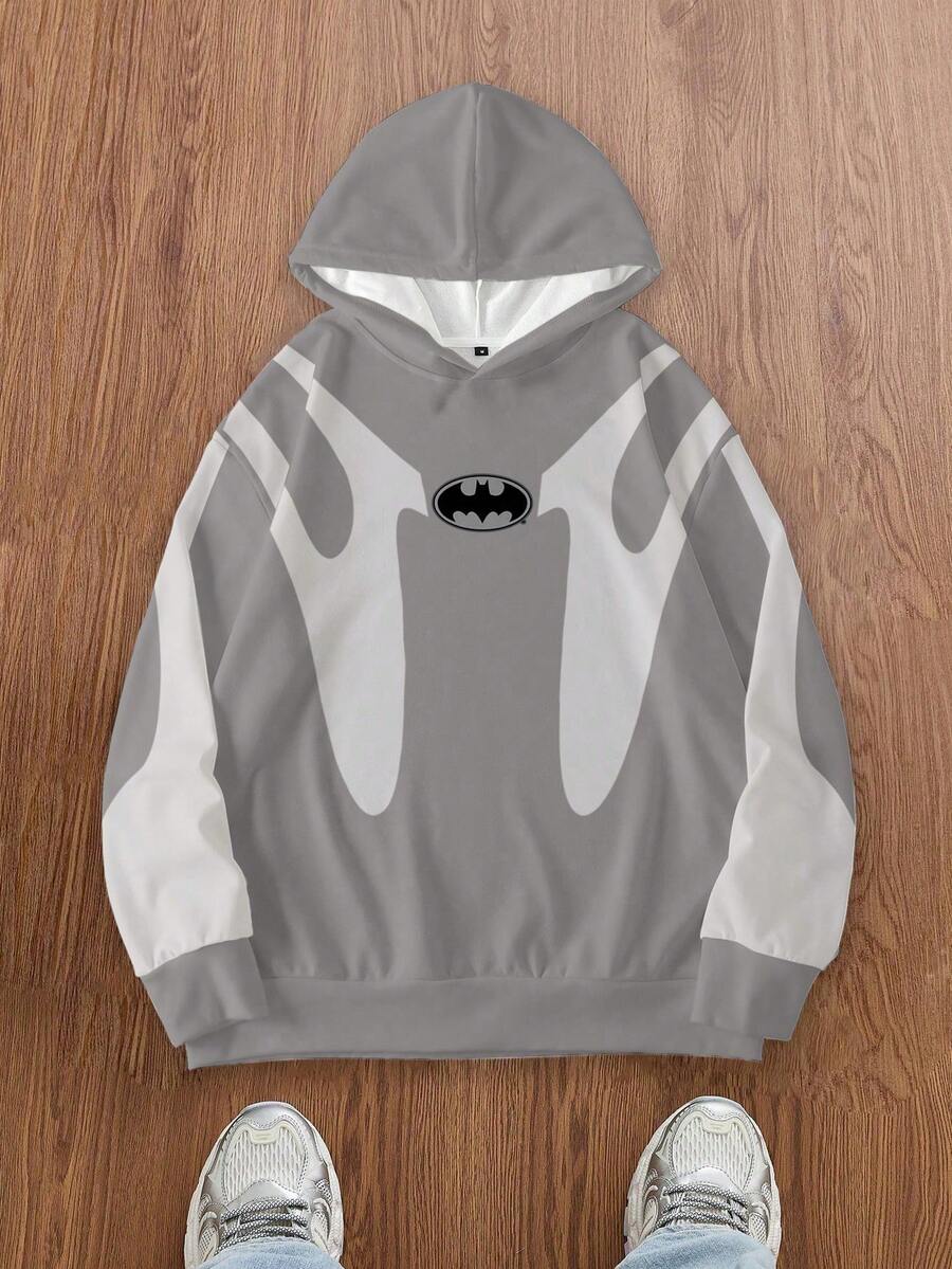 BATMAN X SHEIN Men's Casual Contrast Color Bat Print Hoodie, Autumn - White - View 1