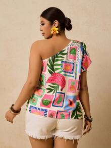 Travachic Camisa sin mangas con estampado de frutas y un solo hombro para tallas grandes - Multicolor - Ver 2
