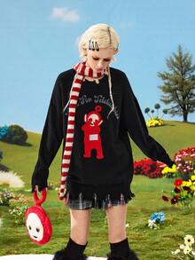 Teletubbies X ROMWE Y2K Cute Graphic Embroidered Pullover Sweater For Women - Black - View 7