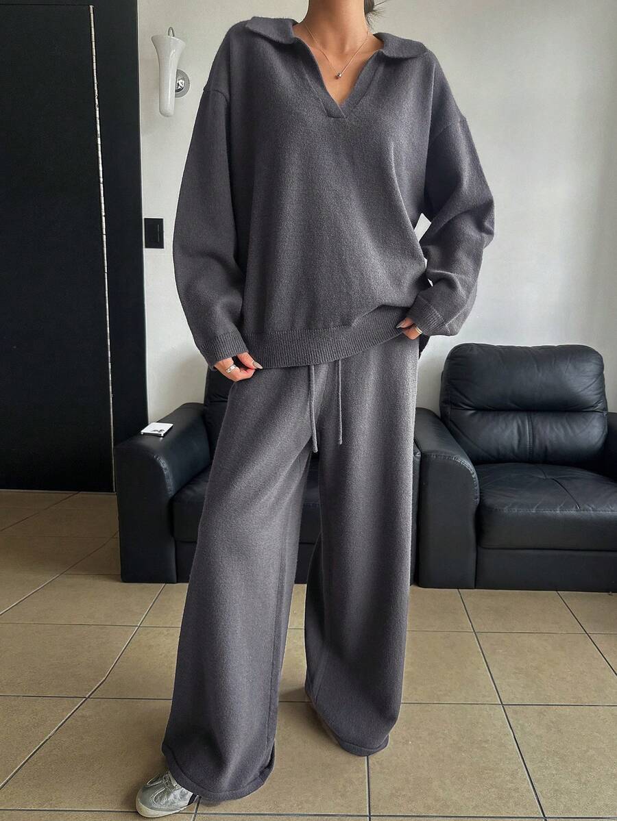 DAZY Setelan Dua Potong Wanita Musim Gugur dan Musim Dingin Kasual Sehari-hari Longgar Warna Polos Sweater dan Celana Panjang Lebar, Pakaian Wanita Musim Gugur - Dark Grey - View 1