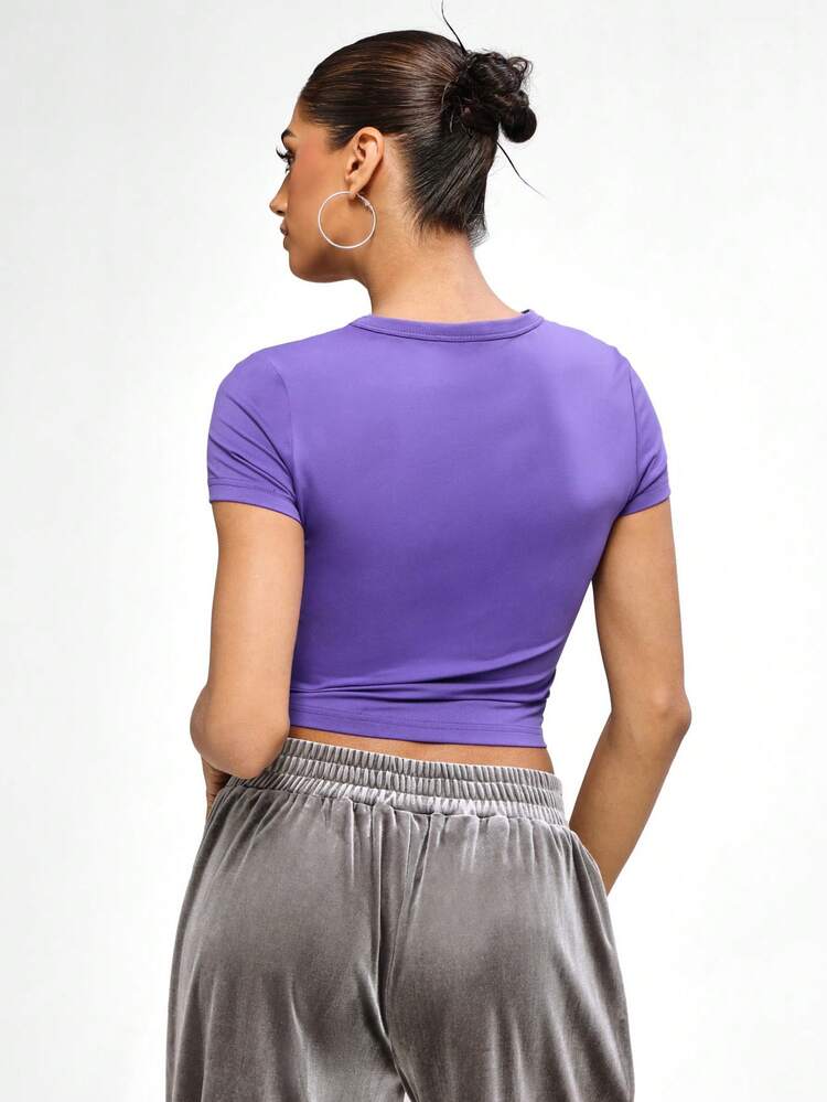 BABYPHAT Foil Print Short Sleeve Crew Neck Crop Top With Signature Cat Logo Chest Print Casual Fitted Tee