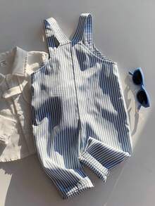 SHEIN Baby Boy Casual Cute Versatile Striped Cartoon Bear Pattern Bib Jumpsuit Baby Boy Overall Set