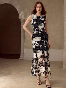 MOTF PREMIUM WOMEN'S MESH PATCHWORK FLORAL PATTERN DRESS, SUITABLE FOR COCKTAIL PARTY AND DATE