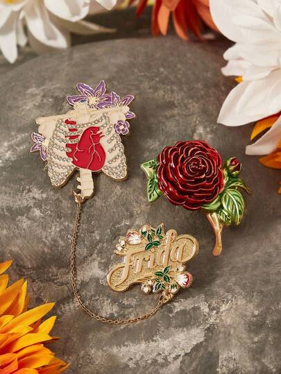 Frida Kahlo X SHEIN 3 Pcs Set Fashionable Elegant Exquisite Rhinestone Zinc Alloy 3 D Flower Brooch Pins, Rose Floral Design, Suitable For Vacation, Photography, Dress, Coat Matching, Gift,Summer Outfits, Spring Outfits,Beach, Vacation, Flower