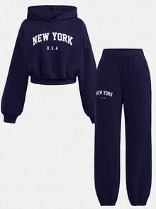 SHEIN Set de 2 piezas de sudadera y pantalón de chándal con estampado de letras de manga larga y cuello redondo para adolescentes - Azul Marino - Ver 13