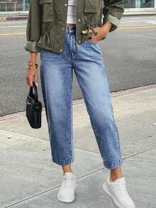 SHEIN PETITE Jeans casuales de talle alto con presillas para cinturón, de color azul claro, versátiles para uso diario - Azul - Ver 7