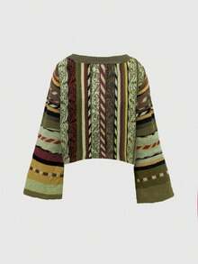 ROMWE Plus Size Hippie Bohemian Vertical Striped Pullover Sweater, Plus Size Flare Sleeve Striped Pattern Casual Boho Pullover Sweater, Everyday Plus Size Women Sweater/Winter - Green - View 2