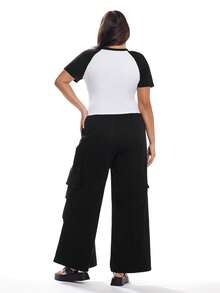 Solavibe 2 pièces/Set Femmes grande taille T-shirt à manches raglan imprimé lettres et pantalon large, décontracté - Noir - Voir 4