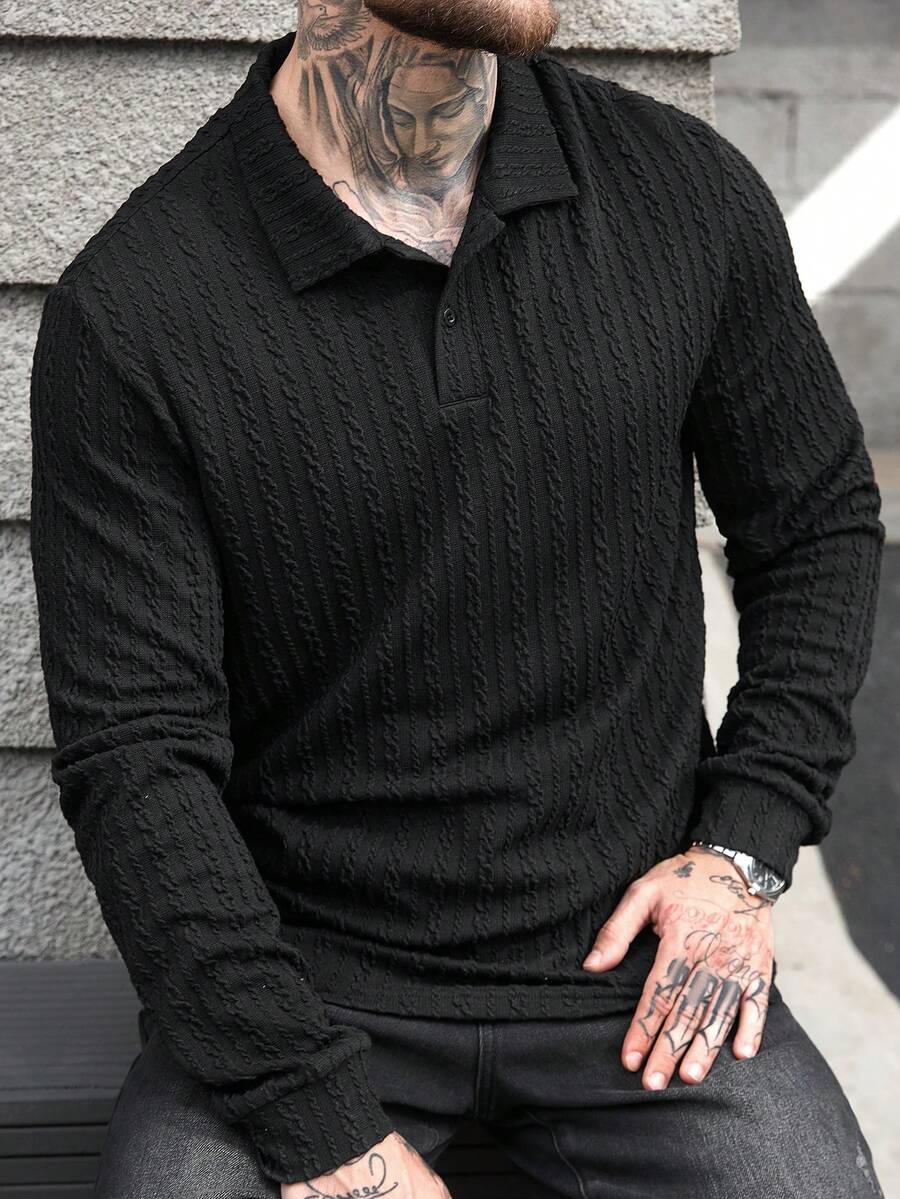 Manfinity CasualCool قميص بولو كاجوال بأكمام طويلة ذو لون أحادي، مناسب للعمل والتنقل - الأسود - مشاهدة 1