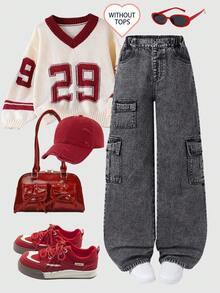 SHEIN Explorewe 1 件宽松直筒牛仔工装裤，复古美式街头风格休闲装，推荐青少年穿着，水洗炭灰色，多口袋设计融合了工作服和休闲装，宽松版型，松紧腰带舒适，拉链开合方便，适合外出、休闲聚会、朋友聚会或日常学校装扮，全年百搭牛仔工装裤 - 灰色 - 查看 1