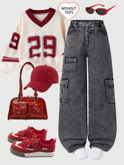 SHEIN Explorewe 1 件宽松直筒牛仔工装裤，复古美式街头风格休闲装，推荐青少年穿着，水洗炭灰色，多口袋设计融合了工作服和休闲装，宽松版型，松紧腰带舒适，拉链开合方便，适合外出、休闲聚会、朋友聚会或日常学校装扮，全年百搭牛仔工装裤