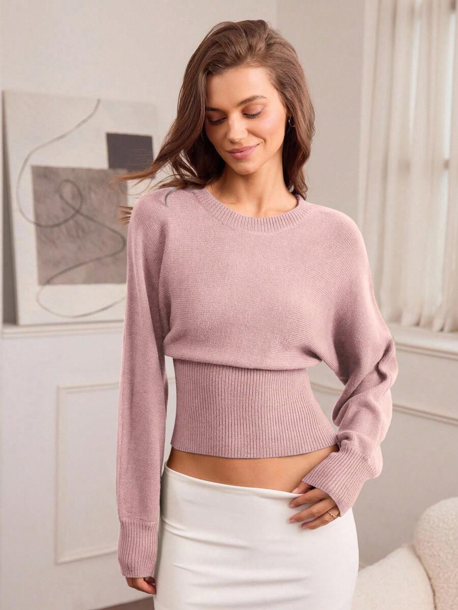 Hanevo Casual Round Neck Drawstring Waist Slim Fit Solid Color Knit Sweater, Versatile For Autumn/Winter - Dusty Pink - View 1