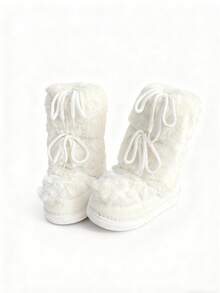 CUCCOO SZL Women's Warm Lace-Up Moon Boots With Bow Tie, Round Toe Flat Casual Sweet & Sexy Style Faux Fur White Snow Boots For Outdoor Wear, Autumn/Winter