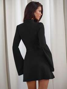 Aloruh Women's New Hollow Metal Buckle Mini A-Line Long Sleeve Dress, Autumn/Winter - Black - View 2