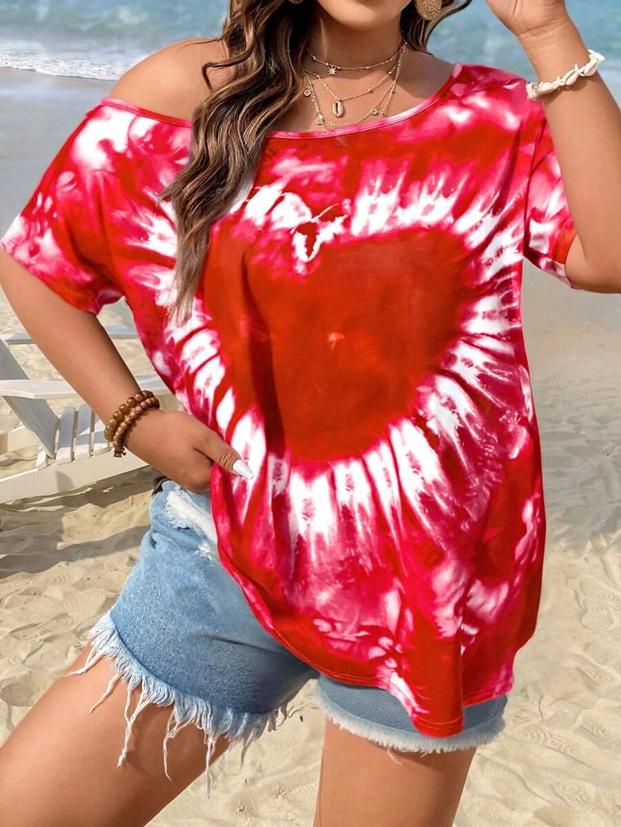 SHEIN LUNE Damen Große Größen T-Shirt mit Herz Batik-Muster und schräger Schulter - Pink - Übersicht 1