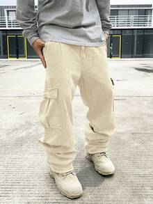 Manfinity EMRG Quần jeans ống rộng túi hộp thường ngày cho nam - Màu be - Xem 4