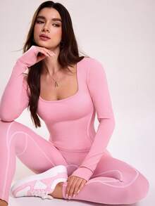 Sovereign Charm 女士无缝长袖露背性感连体裤 - 粉色 - 查看 2