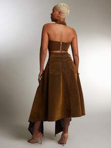 Denimoi Asymmetrical Slit Denim Skirt, Fashionable, Denim Midi Skirt, High Slit Skirt, Sexy Skirt - Brown - View 5