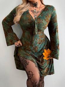 Whyspr Retro Bohemian Style Long Sleeve Flocked Mini Dress - Multicolor - View 3