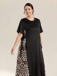 Momelise Robe ample en tricot léopard avec patchwork, col rond, grande taille - Multicolore - Voir 5